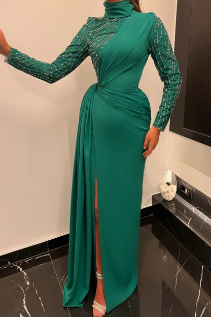 Green High Neck Long Sleeves Prom Dress Slit Long With Sequins
