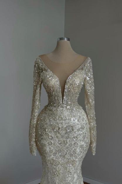 Bmbridal Long Sleeves Wedding Dress Mermaid With Beadings