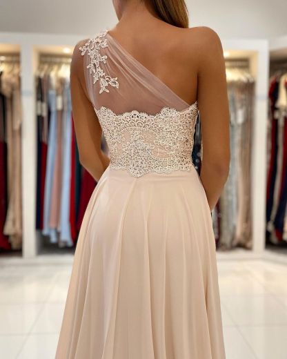 Bmbridal Champagne One Shoulder Prom Dress Split Long With Appliques