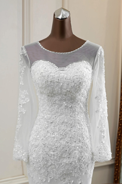 BMbridal Elegant Jewel Long Sleeves White Mermaid Wedding Dresses with Rhinestone Applqiues