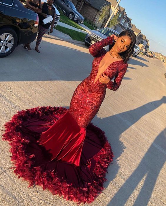 BMbridal Long Sleeves Burgundy Prom Dress Sequins Mermaid Online
