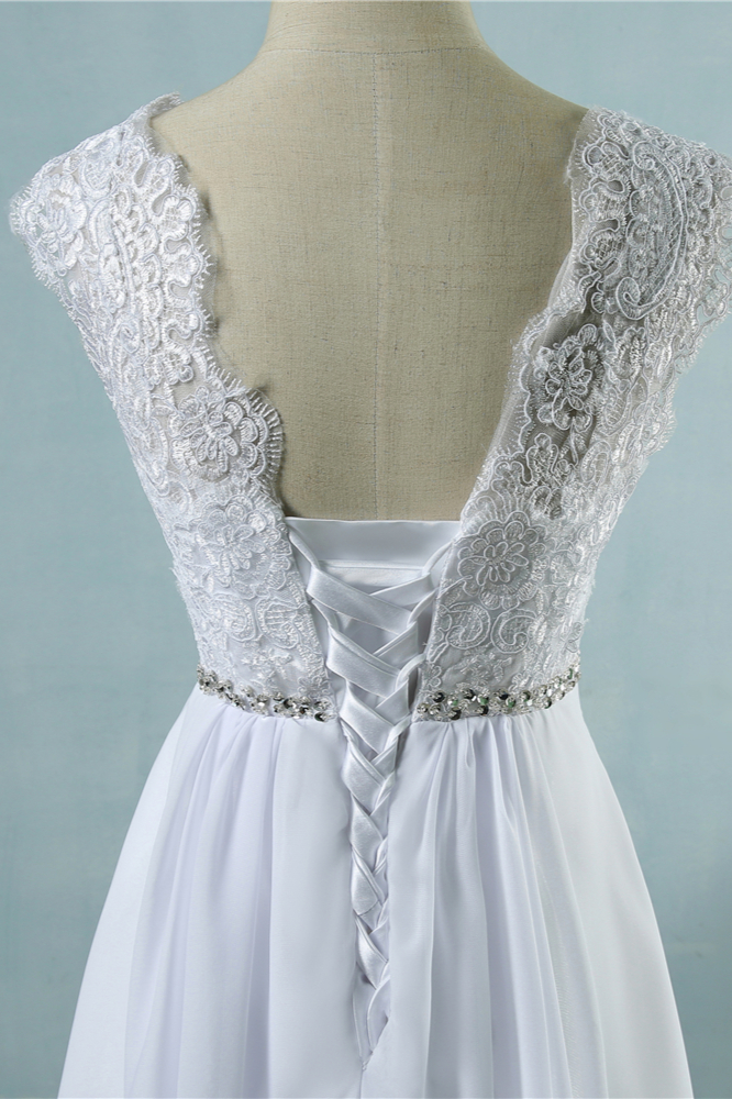 BMbridal Affordable Chiffon Jewel Lace Ruffles Wedding Dress Sleeveless Appliques Bridal Gowns with Beading Sash-BMbridal