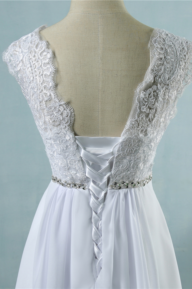 BMbridal Affordable Chiffon Jewel Lace Ruffles Wedding Dress Sleeveless Appliques Bridal Gowns with Beading Sash-BMbridal