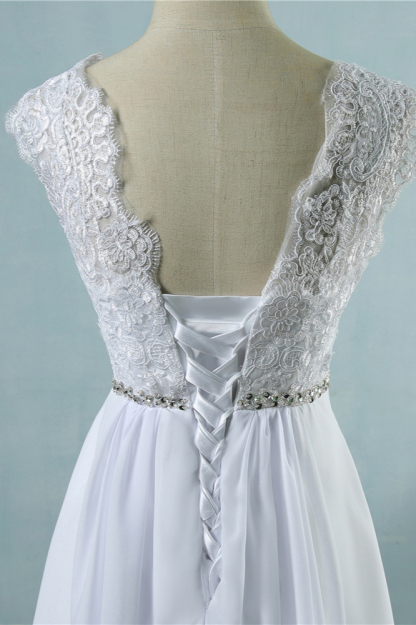 BMbridal Affordable Chiffon Jewel Lace Ruffles Wedding Dress Sleeveless Appliques Bridal Gowns with Beading Sash-BMbridal