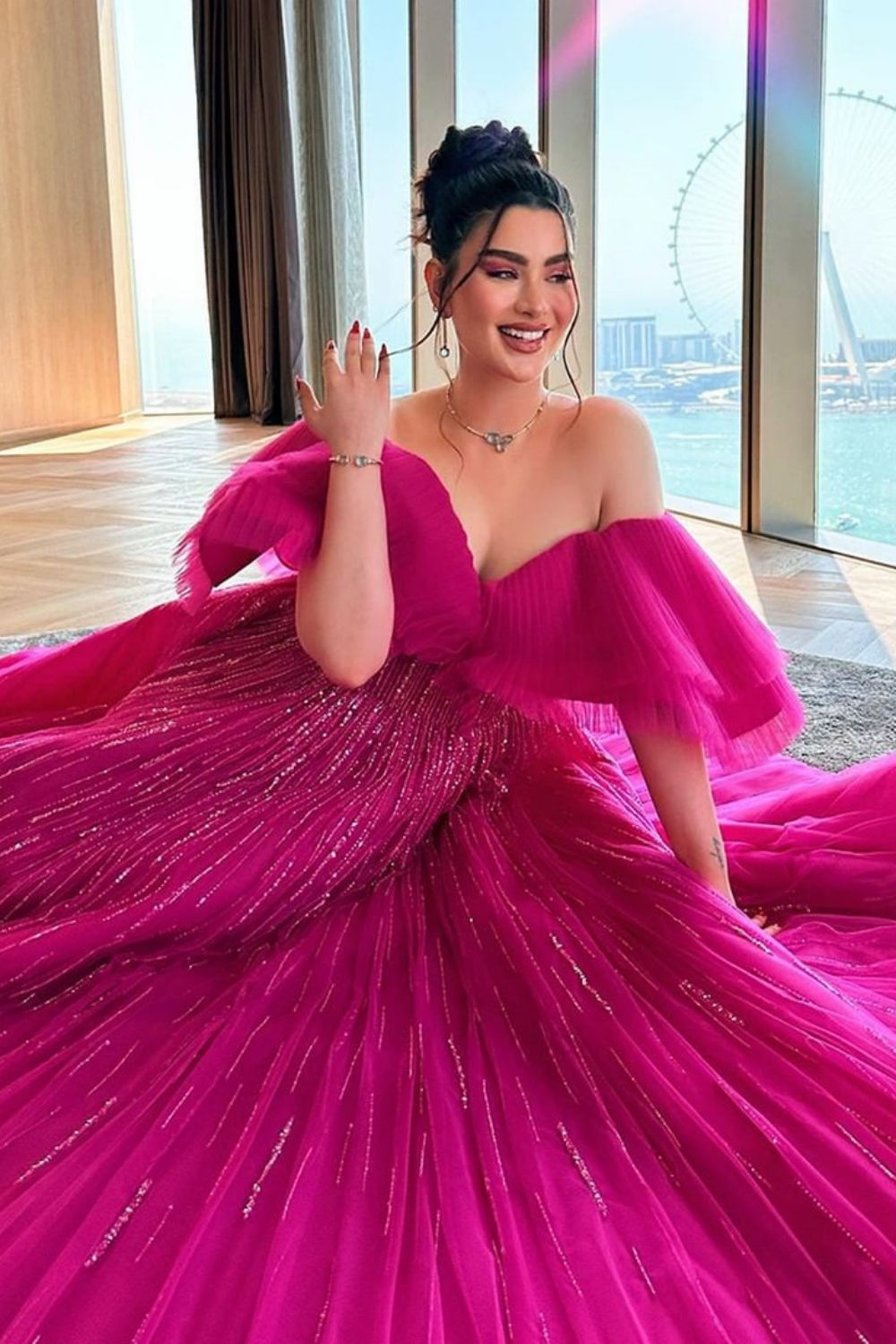 Bmbridal Fuchsia A-Line Tulle Sweetheart Floor-Length Prom Dresses with Ruffles