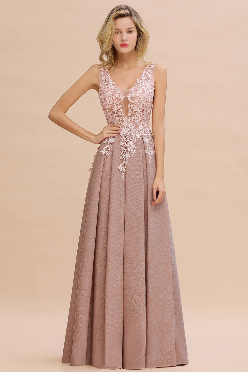 BMbridal Dusty Pink V-Neck Long Prom Dress With Lace Appliques Online