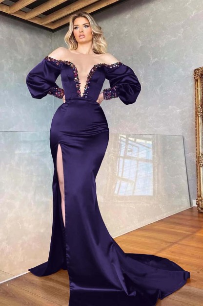 Purple Mermaid Beadings Front Split Prom Dress Off the Shoulder With Long Sleeves V Neck