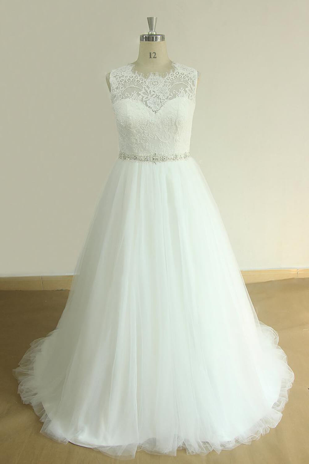 BMbridal Unique Jewel Sleeveless Lace Wedding Dresses White A-line Tulle Bridal Gowns On Sale