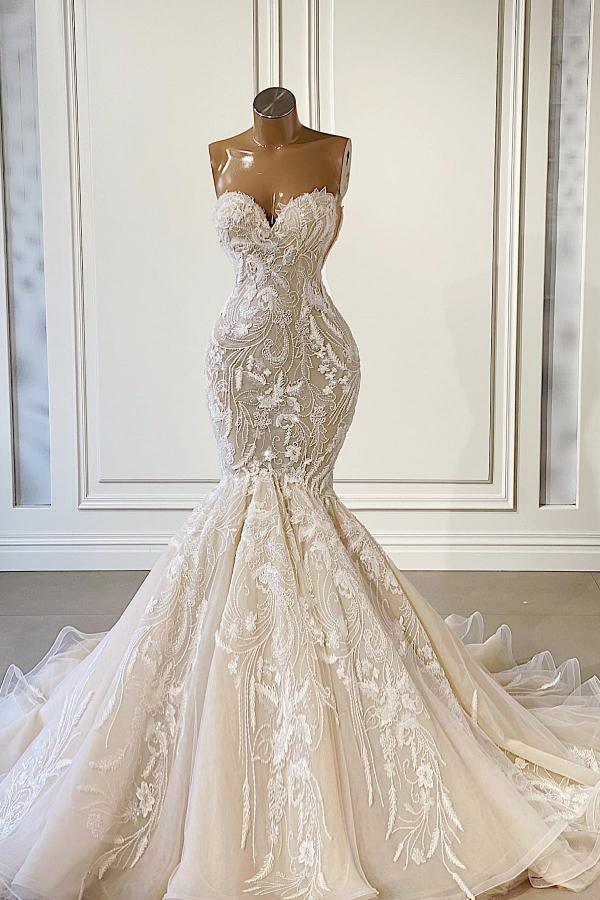 Bmbridal Champagne Sweetheart Wedding Dress Mermaid Lace Online-BMbridal