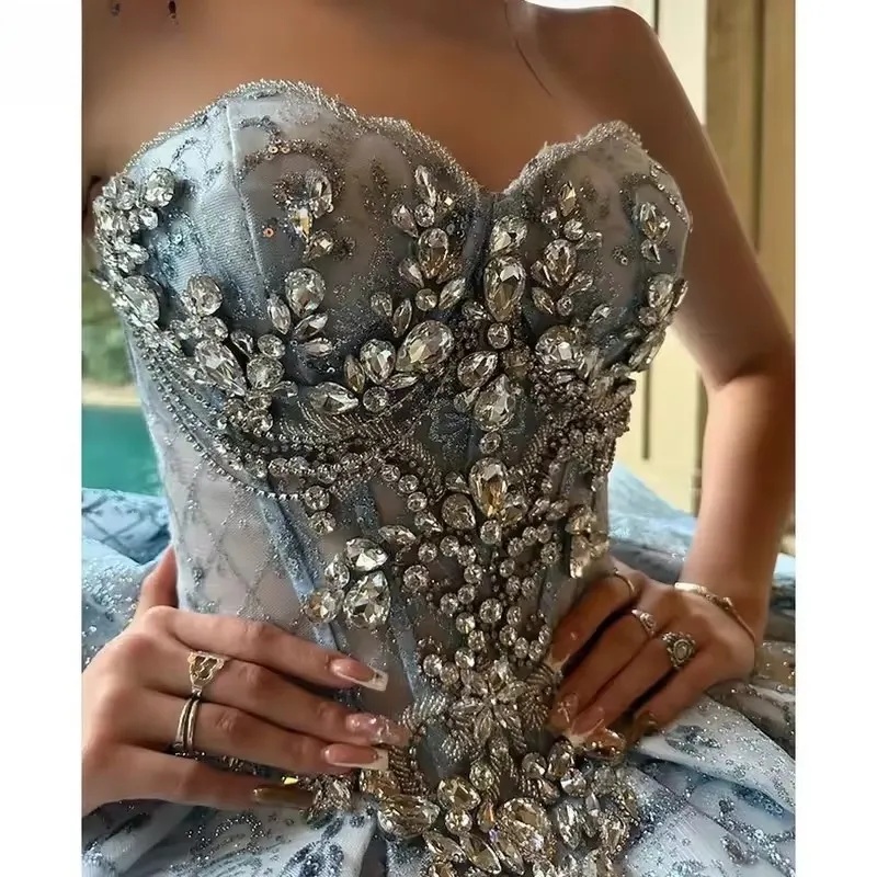 Dusty Blue Strapless Sweetheart Quinceañera Ball Gown with Crystal Embellished Bodice