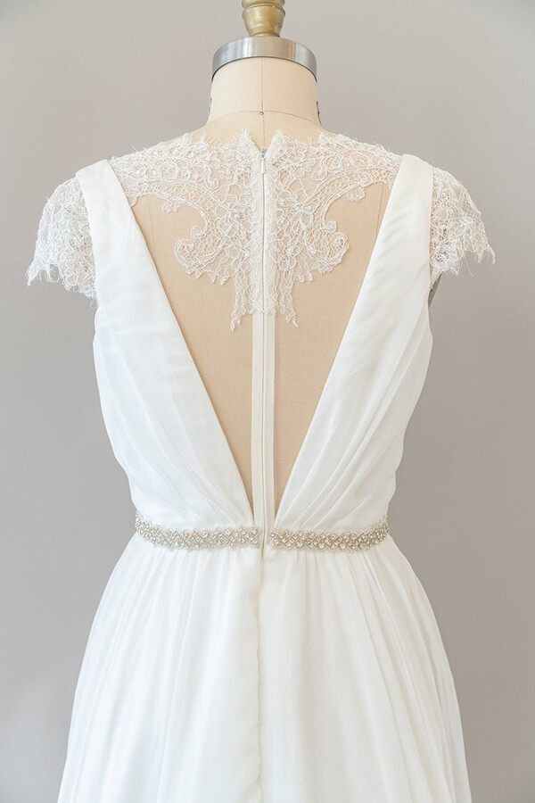 BMbridal Cap Sleeve V-neck Lace Chiffon Sheath Wedding Dress Online-BMbridal