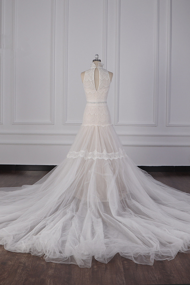 BMbridal Chic High-Neck Tulle Lace Wedding Dress Appliques Sleeveless Bridal Gowns with Beading Sashes Online-BMbridal