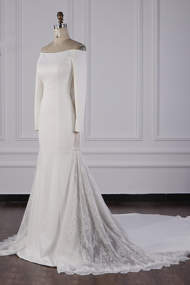 BMbridal Chic Off-the-Shoulder Satin Wedding Dress Tulle Lace Bridal Gowns with Long Sleeves On Sale-BMbridal