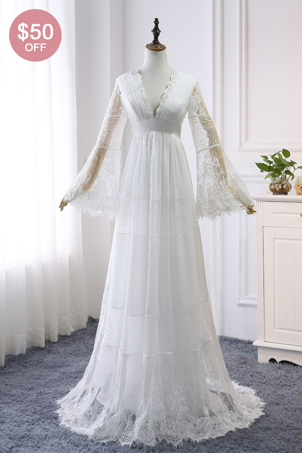 BMbridal Chic Empire Lace Tulle Wedding Dress Long Sleeves V-Neck Appliques Bridal Gowns On Sale-BMbridal