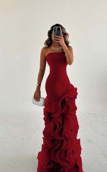 Strapless Sleeveless Long Mermaid Prom Dress With Tulle Ruffles