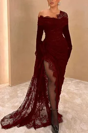 Elegant Lace Black Asymmetric With High Slit Gloves Long Prom Dress