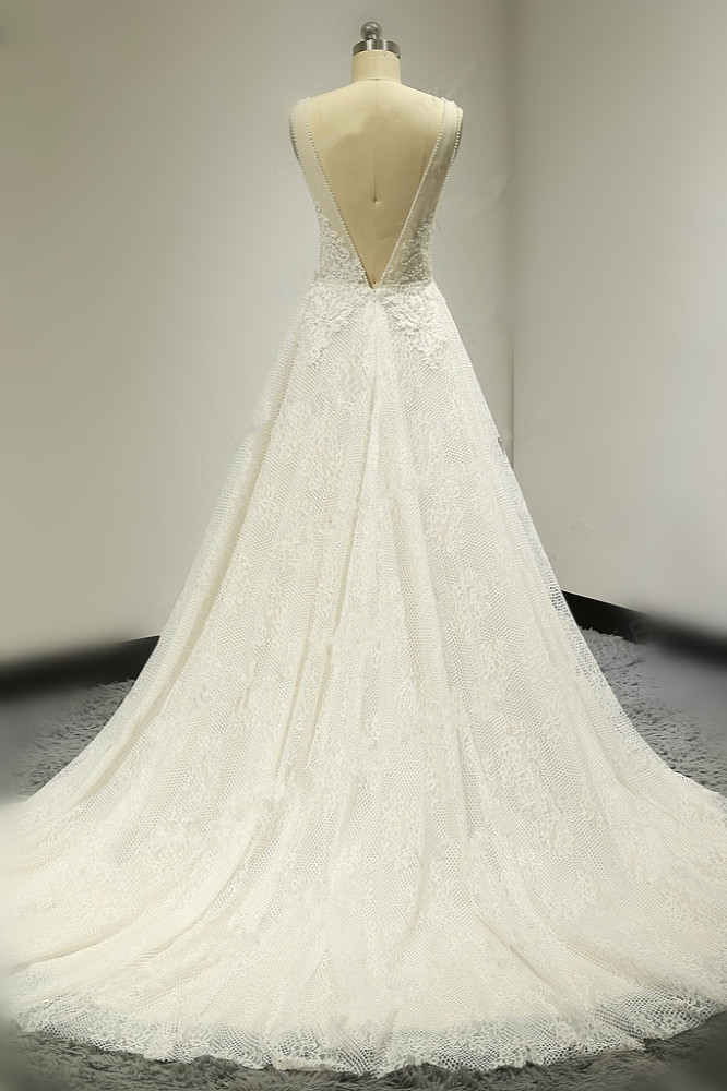BMbridal Sexy Tulle Deep-V-Neck Lace Wedding Dress Sleeveless Appliques Pearls Bridal Gowns On Sale-BMbridal