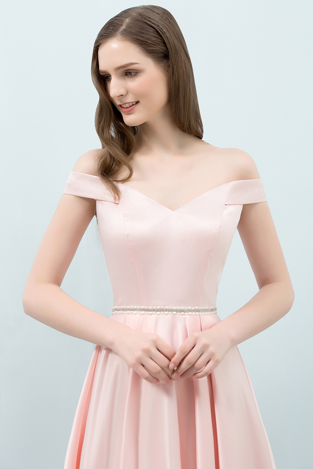 BMbridal A-line Off-shoulder Tea Length Pink Prom Dress with Sash