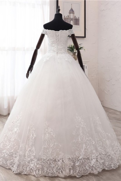 BMbridal Ball Gown Off-the-Shoulder Lace Appliques Wedding Dresses White Tulle Sleeveless Bridal Gowns-BMbridal