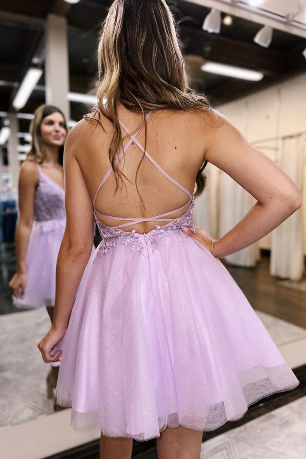 Glitter Lilac Corset A-Line Tulle Short Homecoming Dress with Lace-BMbridal