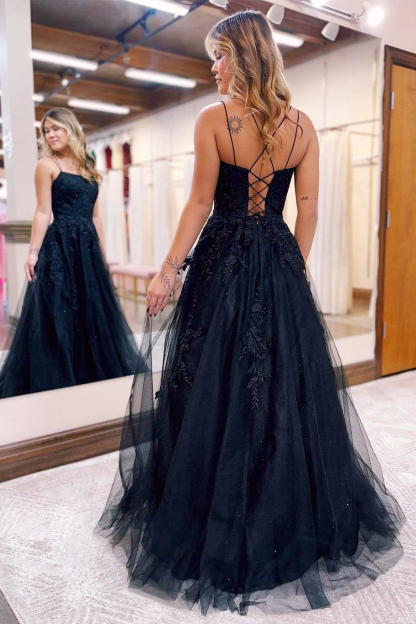 Chic Dark Navy Spagetti-Straps Prom Dress Tulle With Lace Appliques