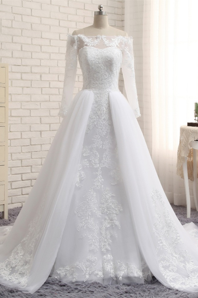 BMbridal Unique Bateau Longsleeves A-line Wedding Dresses With Appliques White Tulle Bridal Gowns On Sale-BMbridal