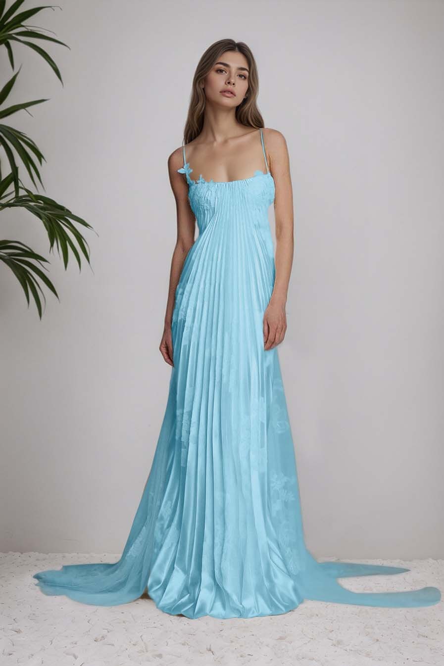 Stain Spaghetti Strap Sleeveless Long Prom Dress With Appliques