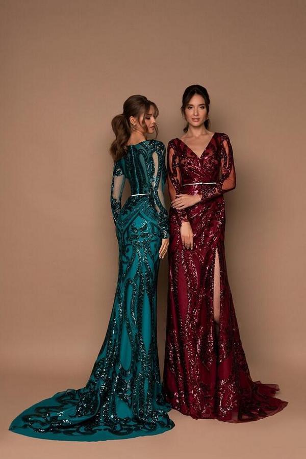 BMbridal Long Sleeves Prom Dress Mermaid With Sequins V-Neck