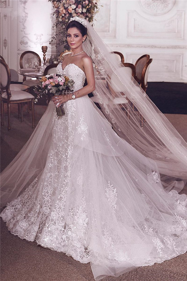 Bmbridal Sweetheart Lace Mermaid Wedding Dress Overskirt-BMbridal