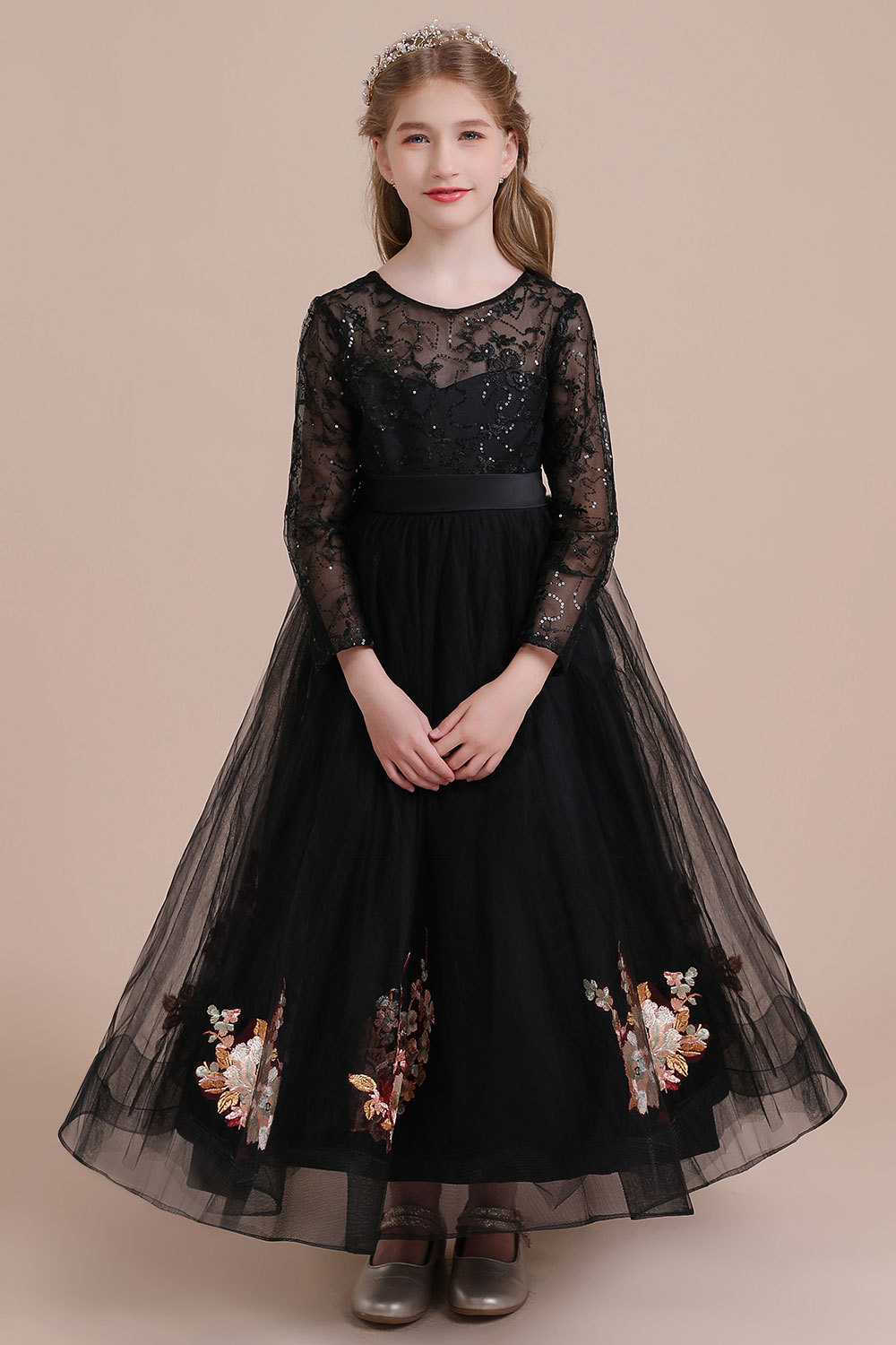 BMbridal A-Line Embroidered Long Sleeve Tulle Flower Girl Dress On Sale-BMbridal