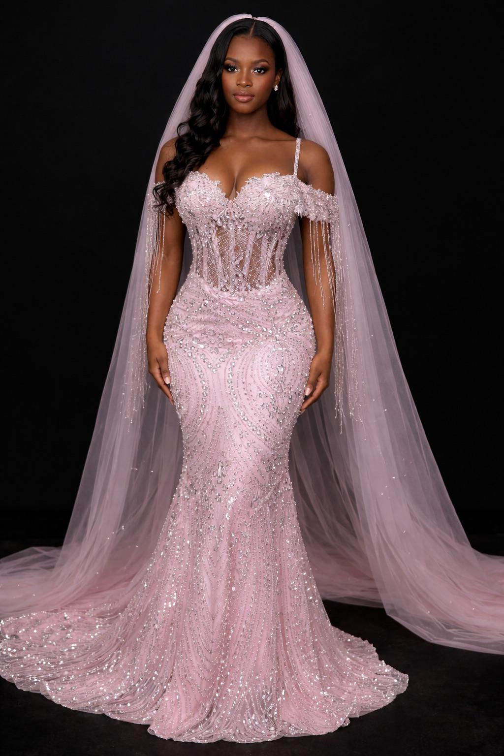 Pink Mermaid Prom Dress Off Shoulder 3D Floral Sequin Beaded Gown | BMBRIDAL