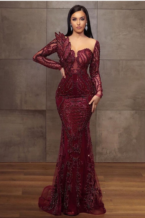 Bmbridal Burgundy Long Sleeves Prom Dress Mermaid Long With Beadings