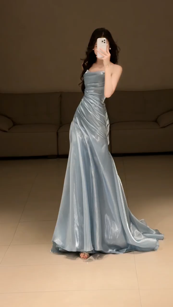 Dusty Blue Pleated Premium water-light satin Mermaid Gown with Sweeping Train