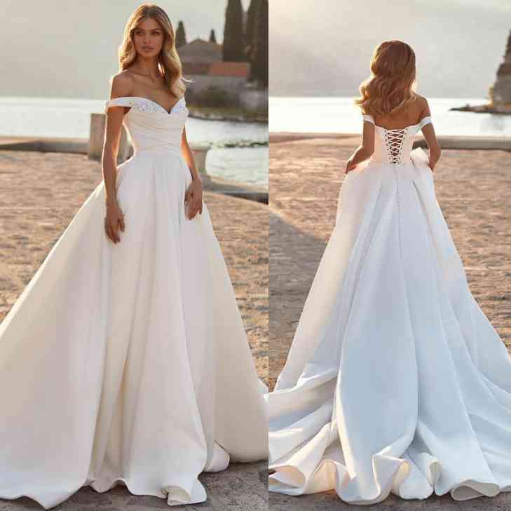 Bmbridal Off-the-Shoulder Satin Wedding Dress Princess Long-BMbridal