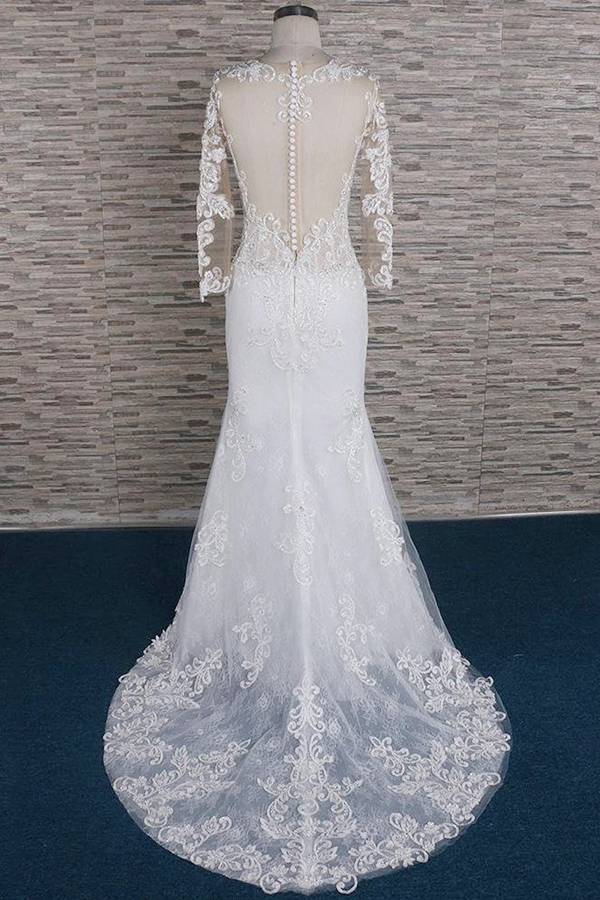 BMbridal Modest Longsleeves Jewel Lace Wedding Dresses With Appliques White Tulle Bridal Gowns On Sale-BMbridal
