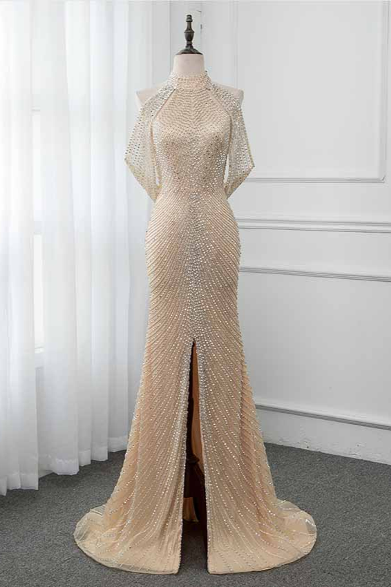 BMbridal Sparkly Crystals High-Neck Prom Dresses with Front Slit Online