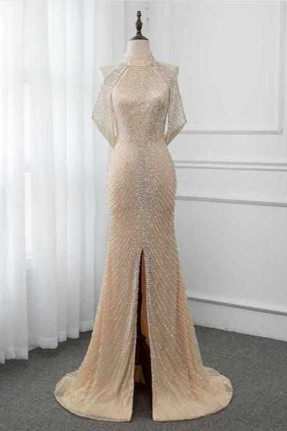BMbridal Sparkly Crystals High-Neck Prom Dresses with Front Slit Online