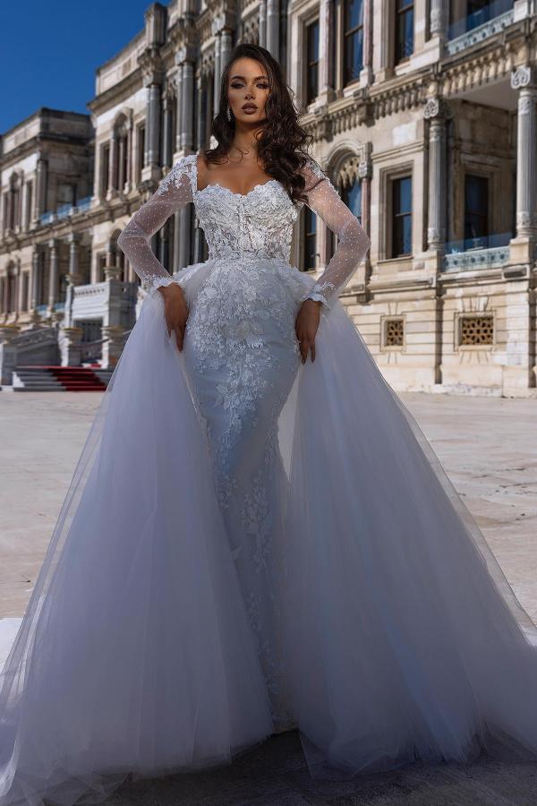 Bmbridal White Long Sleeves Wedding Dress Appliques Mermaid With Detachable Skirt-BMbridal