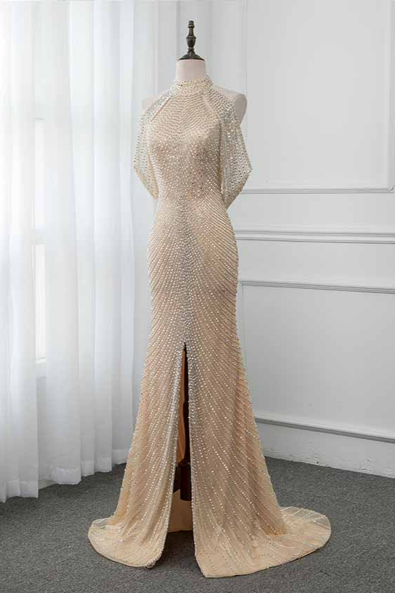 BMbridal Sparkly Crystals High-Neck Prom Dresses with Front Slit Online