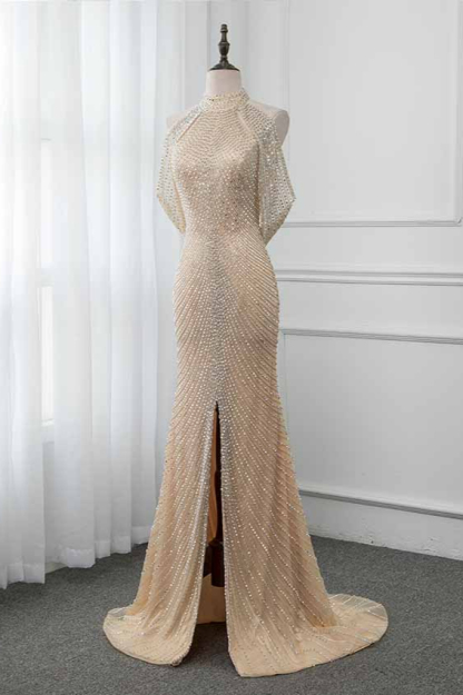 BMbridal Sparkly Crystals High-Neck Prom Dresses with Front Slit Online