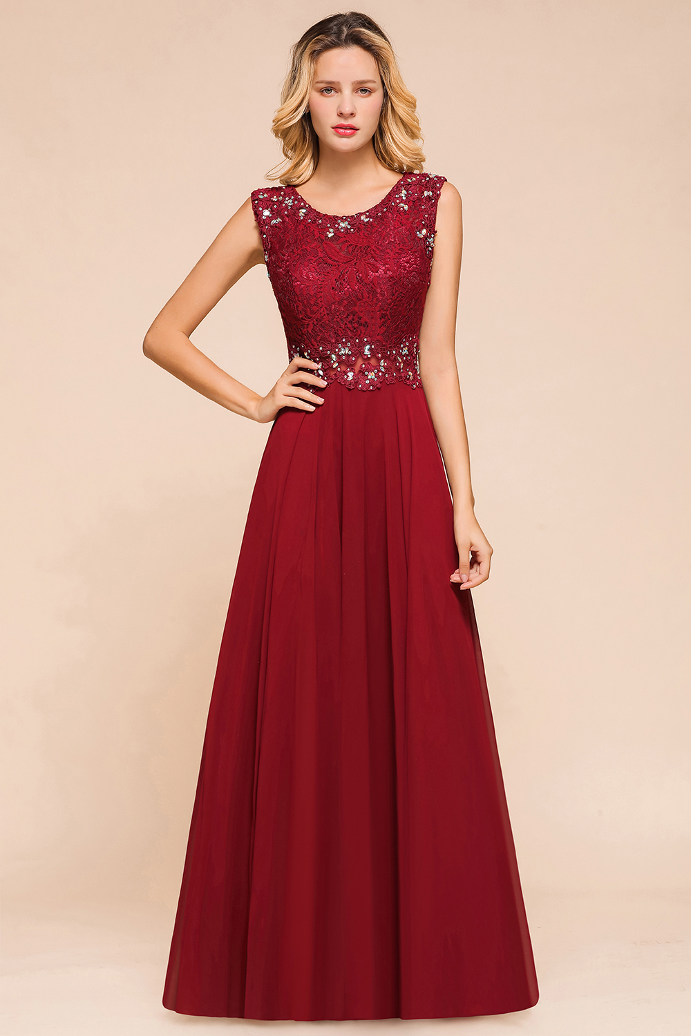 BMbridal Burgundy Lace Long Prom Dresses Sleeveless Chiffon Evening Gowns With Crystal