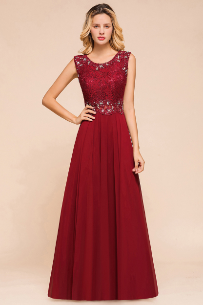 BMbridal Burgundy Lace Long Prom Dresses Sleeveless Chiffon Evening Gowns With Crystal