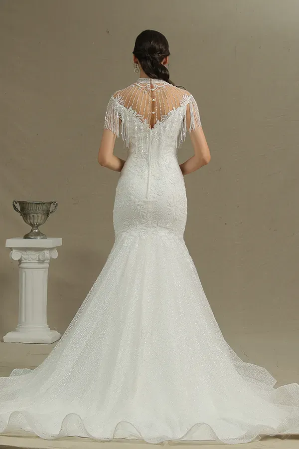 Shimmy High Neck Mermaid Wedding Dress with Beadings Tassel