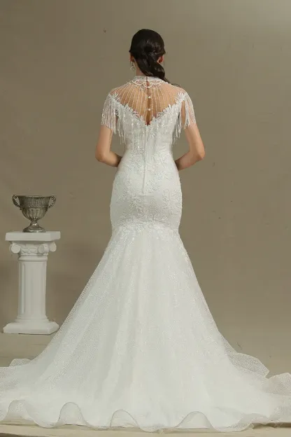 Shimmy High Neck Mermaid Wedding Dress with Beadings Tassel