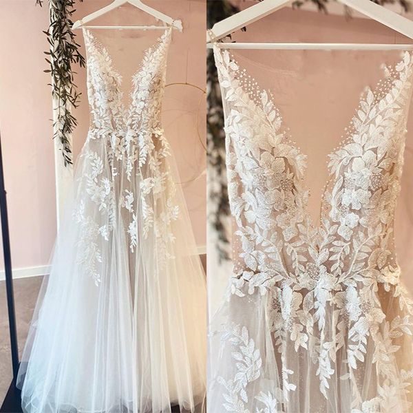 Bmbridal Tulle Wedding Dress V-Neck Sleeveless With Appliques-BMbridal