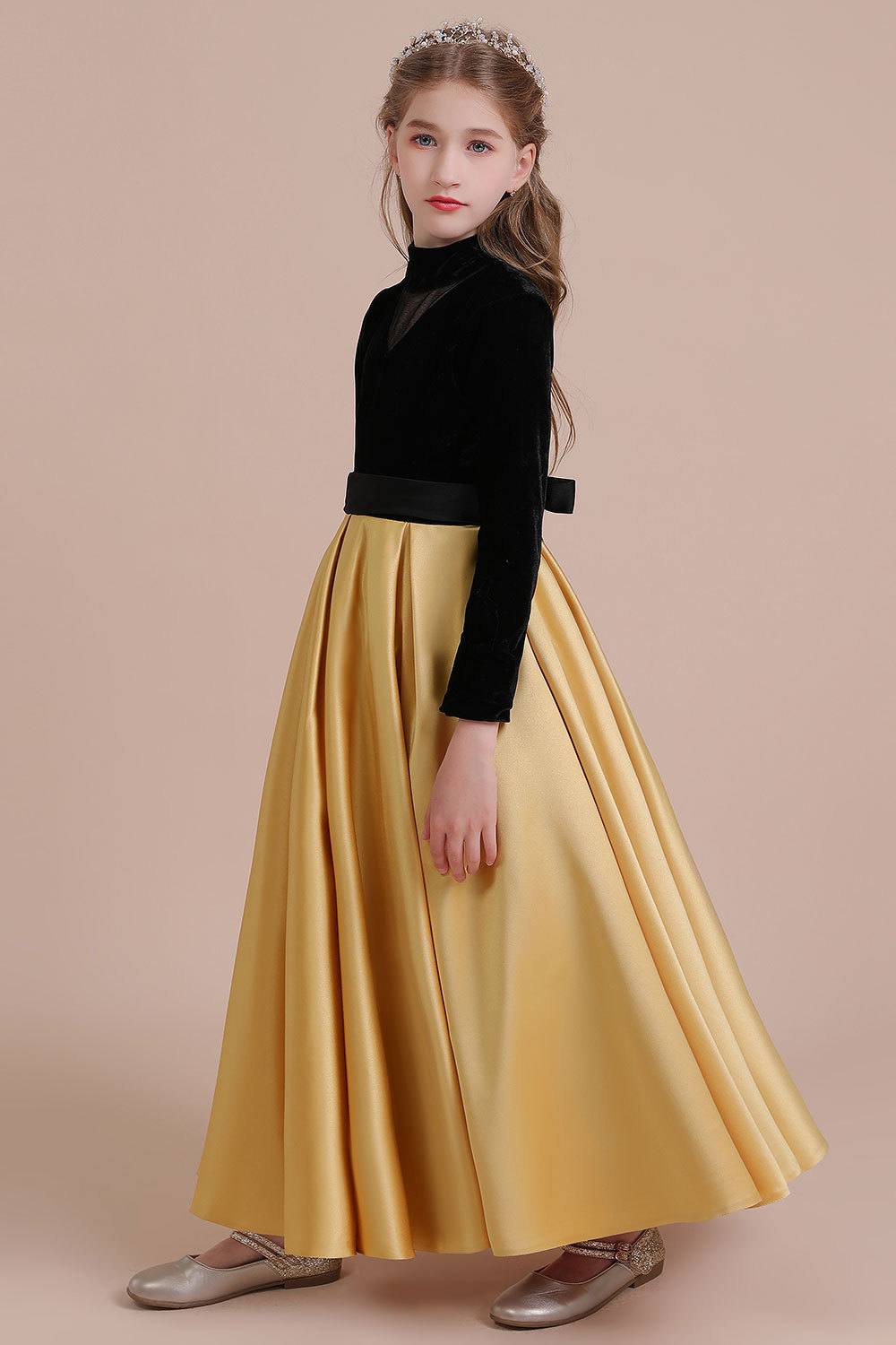 BMbridal A-Line High-neck Velvet Satin Flower Girl Dress Online-BMbridal