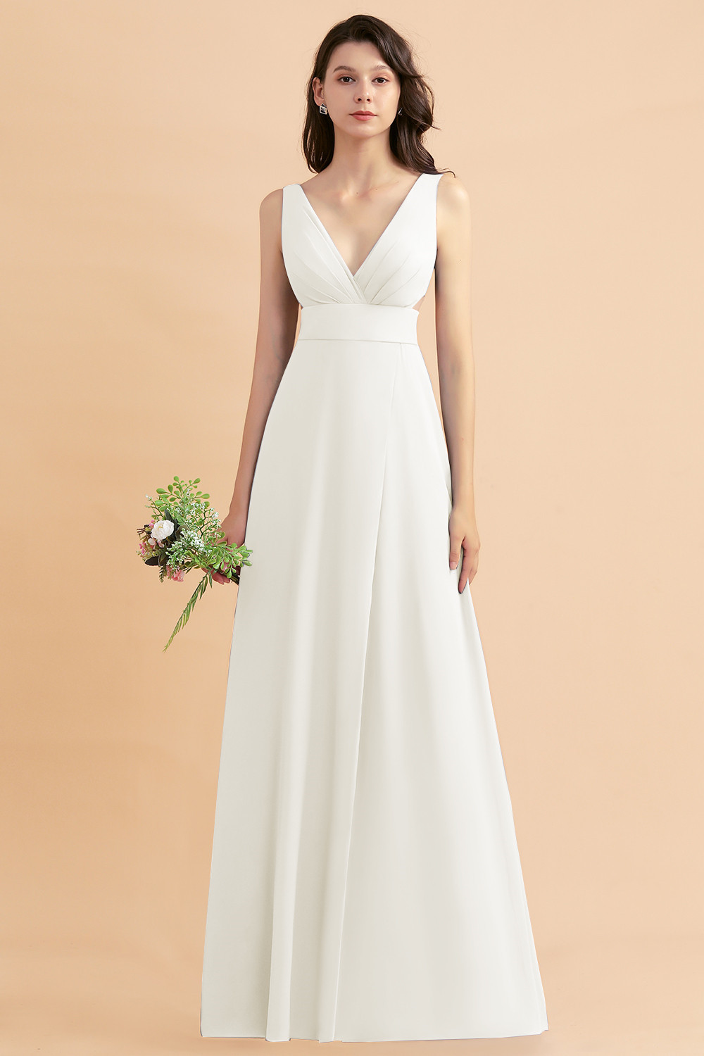 BMbridal A-Line Dusty Blue Chiffon Ruffles Bridesmaid Dress with Slit-BMbridal