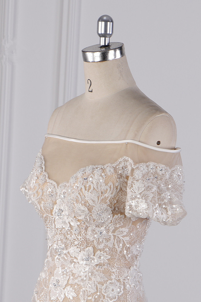BMbridal Glamorous Mermaid Tulle Lace Wedding Dress Appliques Beadings Short Sleeves Bridal Gowns On Sale-BMbridal