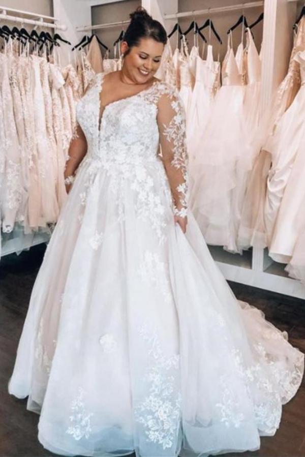 Bmbridal Long Sleeves Plus Size Wedding Dress With Lace Appliques-BMbridal