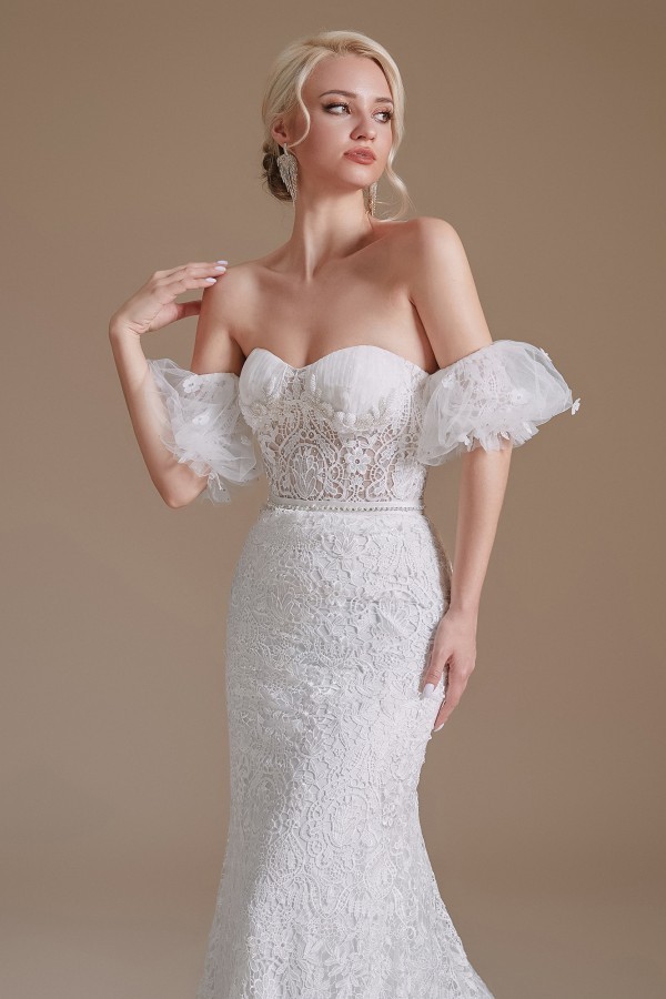 BMbridal Detachable Bubble Sleeves Lace Wedding Dress Mermaid Long-BMbridal